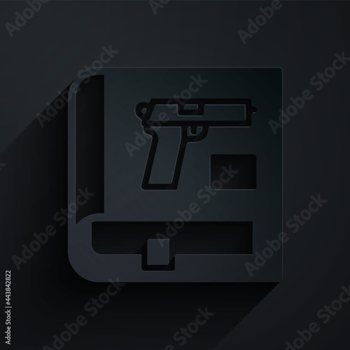 Paper cut Book with pistol or gun icon isolated on black background. Police or military handgun. Small firearm. Weapon catalog. Paper art style. Vector