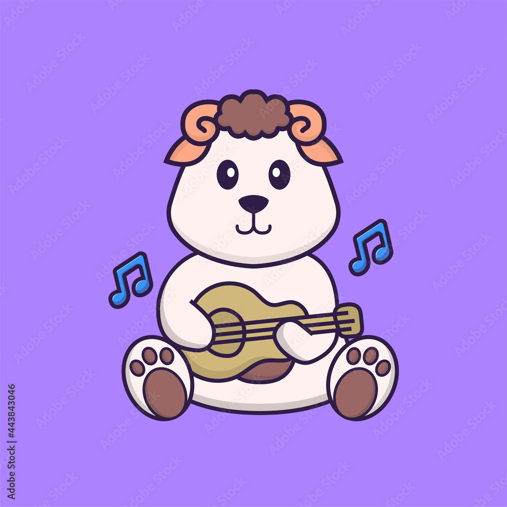 Cute sheep playing guitar. Animal cartoon concept isolated. Can used for t-shirt, greeting card, invitation card or mascot. Flat Cartoon Style Cute sheep playing guitar. Animal cartoon concept isolated. Can used for t-shirt, greeting card, invitation card or mascot. Flat Cartoon Style