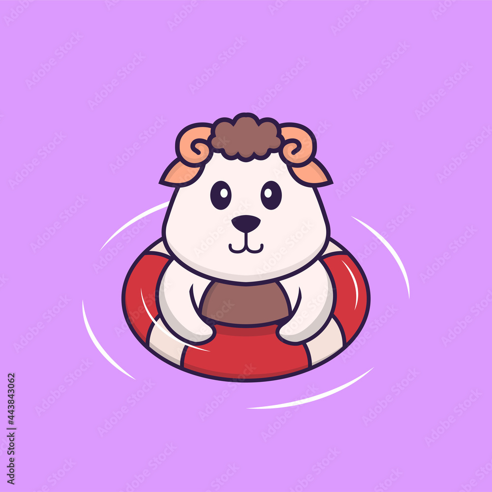 Cute sheep is Swimming with a buoy. Animal cartoon concept isolated. Can used for t-shirt, greeting card, invitation card or mascot. Flat Cartoon Style Cute sheep is Swimming with a buoy. Animal cartoon concept isolated. Can used for t-shirt, greeting card, invitation card or mascot. Flat Cartoon Style