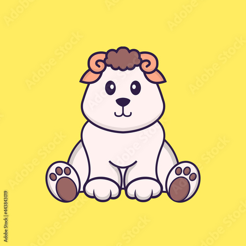 Cute sheep is sitting. Animal cartoon concept isolated. Can used for t-shirt, greeting card, invitation card or mascot. Flat Cartoon Style