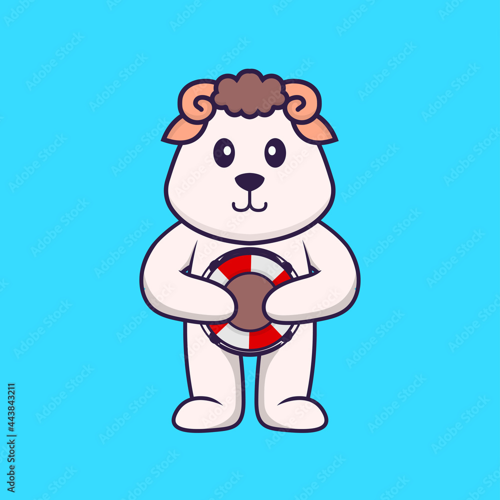 Fototapeta premium Cute sheep holding a buoy. Animal cartoon concept isolated. Can used for t-shirt, greeting card, invitation card or mascot. Flat Cartoon Style