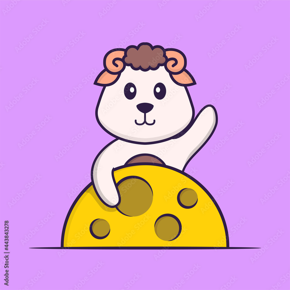 Fototapeta premium Cute sheep is on the moon. Animal cartoon concept isolated. Can used for t-shirt, greeting card, invitation card or mascot. Flat Cartoon Style