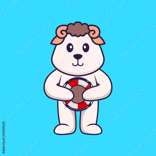 Cute sheep holding a buoy. Animal cartoon concept isolated. Can used for t-shirt  greeting card  invitation card or mascot. Flat Cartoon Style