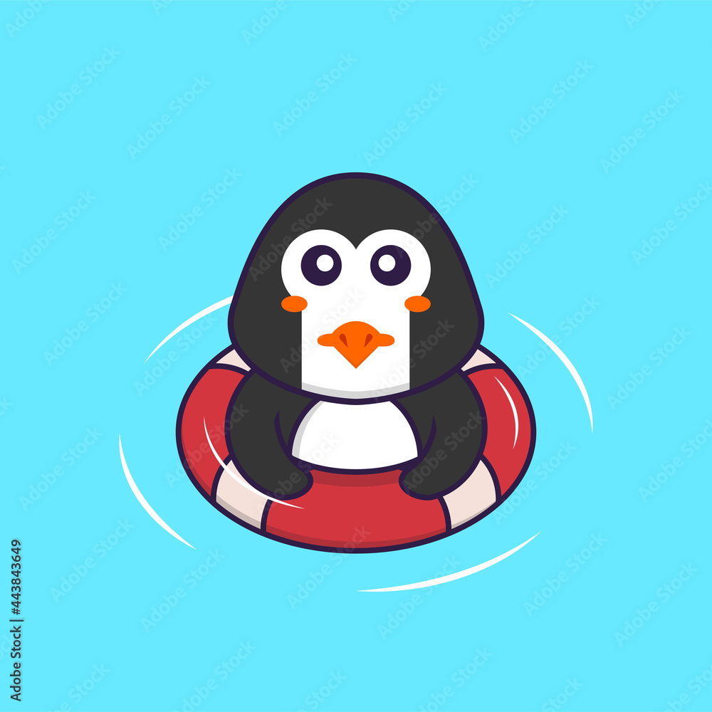 Obraz premium Cute penguin is Swimming with a buoy. Animal cartoon concept isolated. Can used for t-shirt, greeting card, invitation card or mascot. Flat Cartoon Style