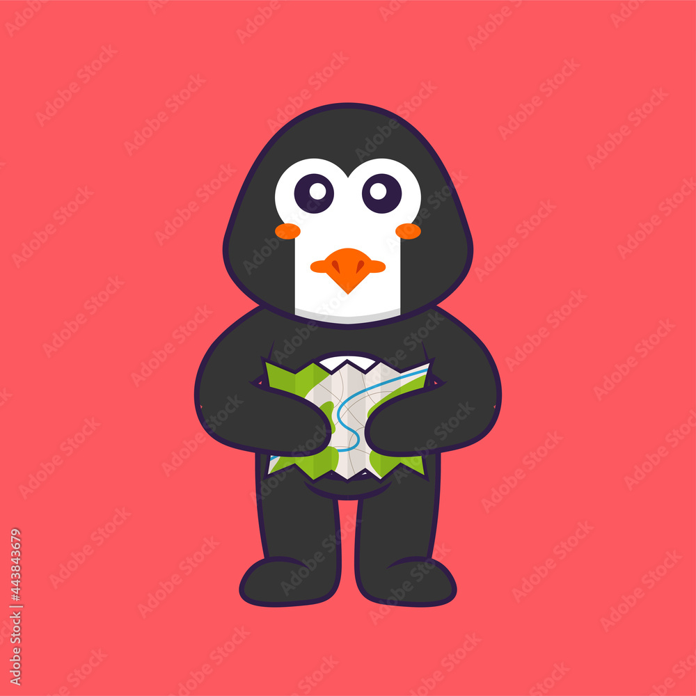Cute penguin holding a map. Animal cartoon concept isolated. Can used for t-shirt, greeting card, invitation card or mascot. Flat Cartoon Style Cute penguin holding a map. Animal cartoon concept isolated. Can used for t-shirt, greeting card, invitation card or mascot. Flat Cartoon Style