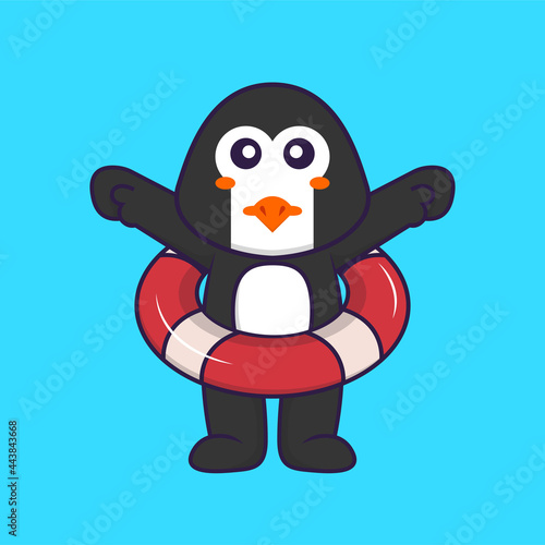 Cute penguin using a float. Animal cartoon concept isolated. Can used for t-shirt  greeting card  invitation card or mascot. Flat Cartoon Style