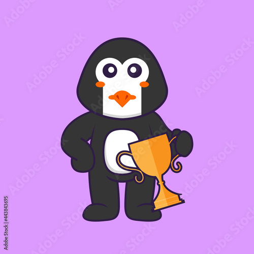 Cute penguin holding gold trophy. Animal cartoon concept isolated. Can used for t-shirt, greeting card, invitation card or mascot. Flat Cartoon Style