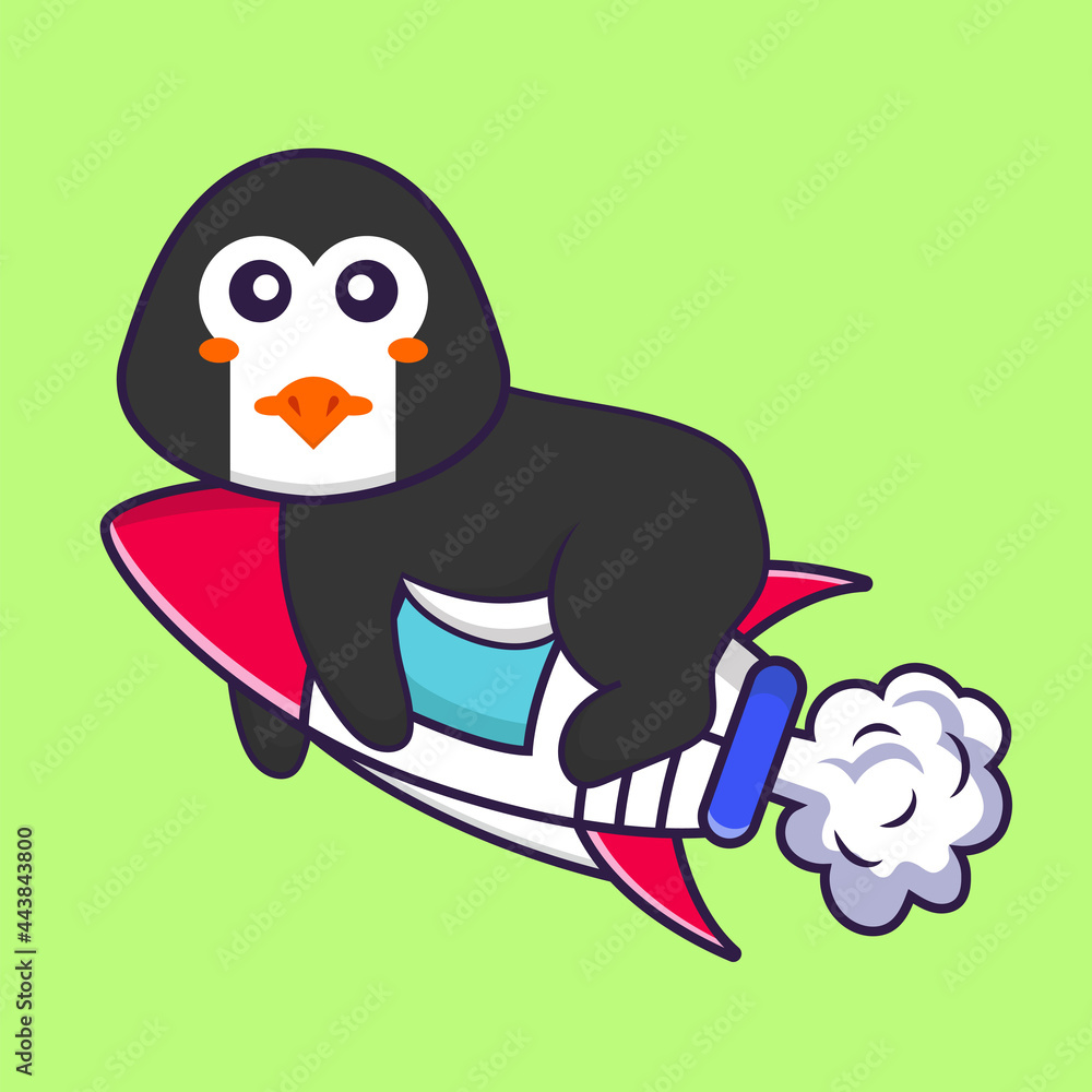 Obraz premium Cute penguin flying on rocket. Animal cartoon concept isolated. Can used for t-shirt, greeting card, invitation card or mascot. Flat Cartoon Style