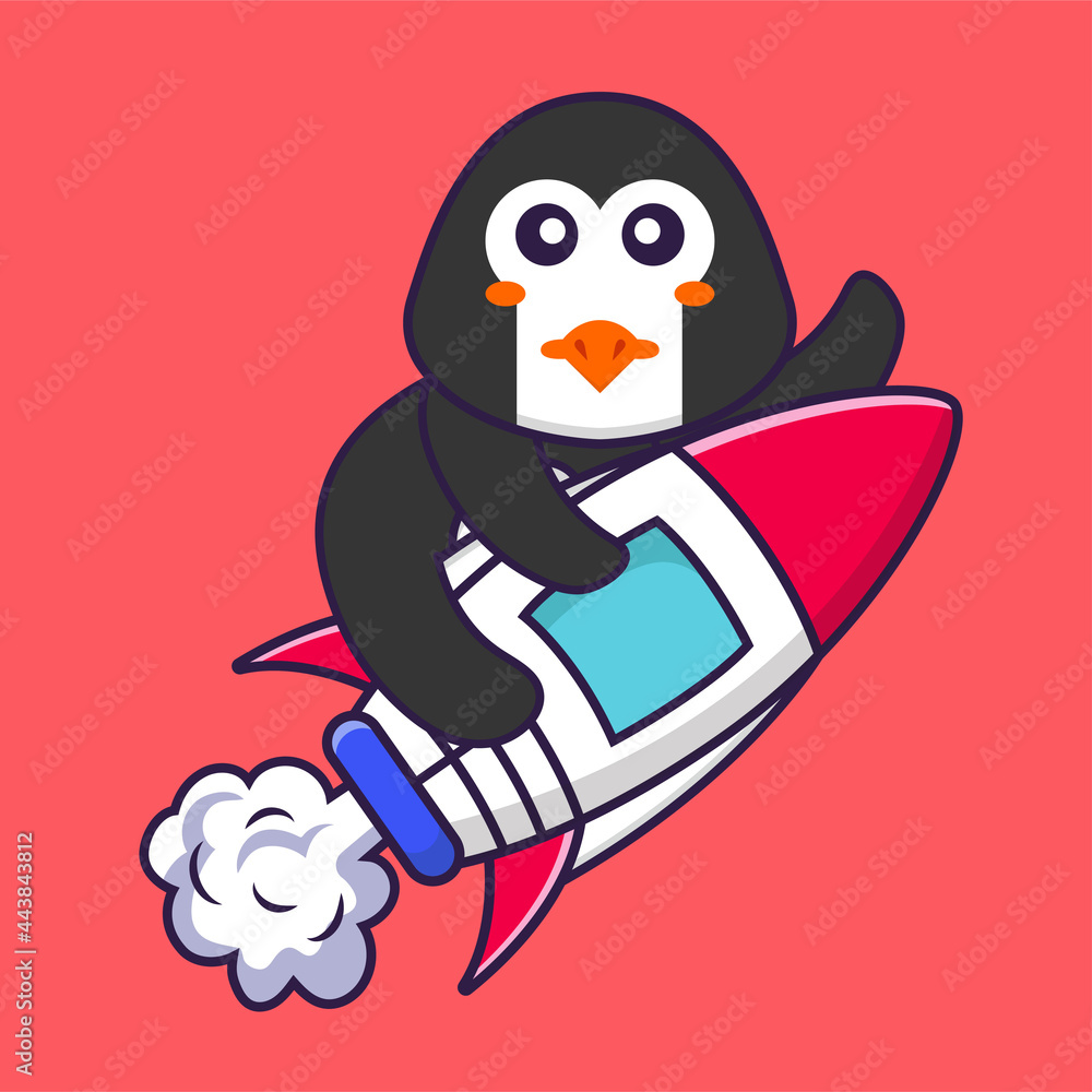 Obraz premium Cute penguin flying on rocket. Animal cartoon concept isolated. Can used for t-shirt, greeting card, invitation card or mascot. Flat Cartoon Style