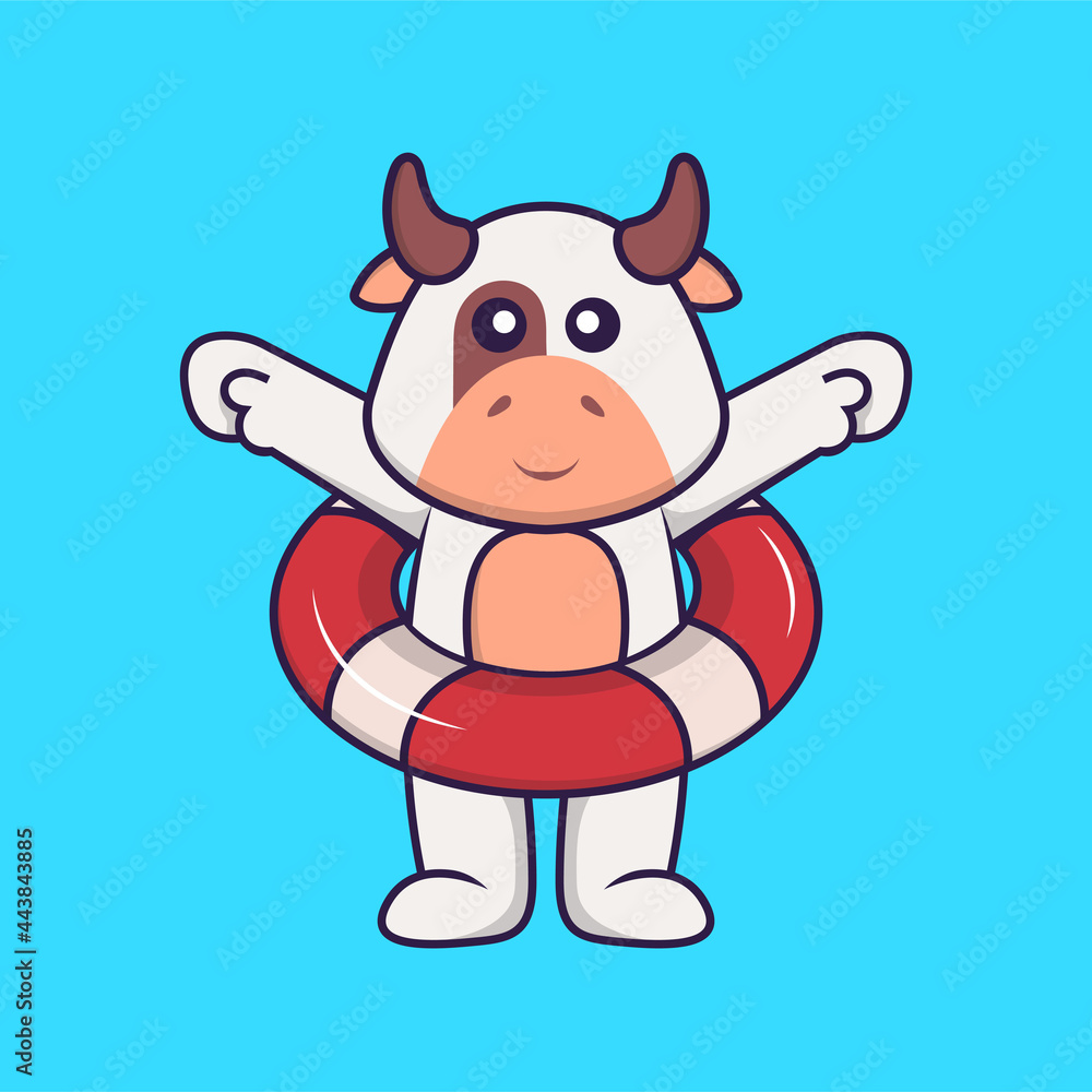 Cute cow using a float. Animal cartoon concept isolated. Can used for t-shirt, greeting card, invitation card or mascot. Flat Cartoon Style Cute cow using a float. Animal cartoon concept isolated. Can used for t-shirt, greeting card, invitation card or mascot. Flat Cartoon Style
