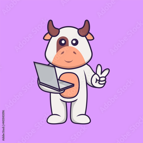 Cute cow holding laptop. Animal cartoon concept isolated. Can used for t-shirt, greeting card, invitation card or mascot. Flat Cartoon Style