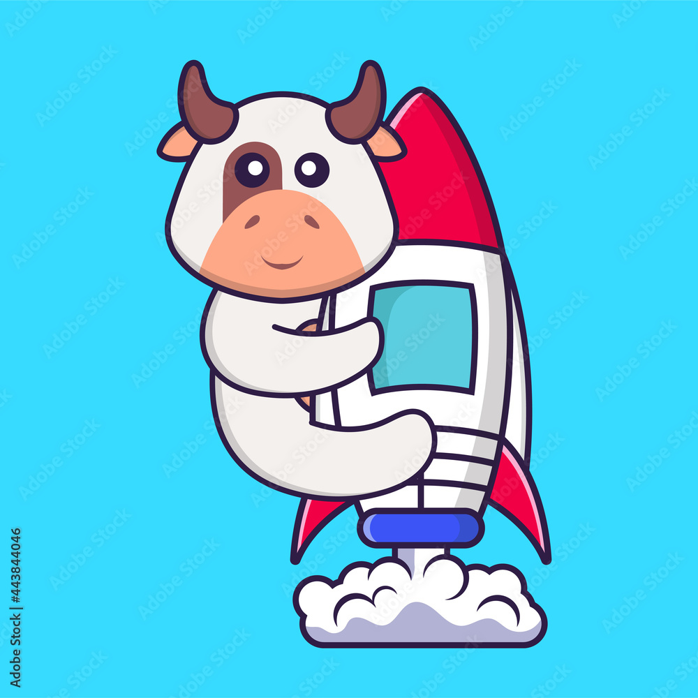 Cute cow flying on rocket. Animal cartoon concept isolated. Can used for t-shirt, greeting card, invitation card or mascot. Flat Cartoon Style Cute cow flying on rocket. Animal cartoon concept isolated. Can used for t-shirt, greeting card, invitation card or mascot. Flat Cartoon Style