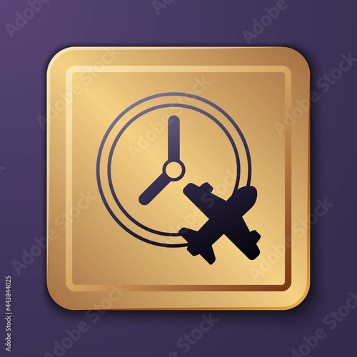 Purple Clock with airplane icon isolated on purple background. Designation of time before departure, check-in for flight and arrival time symbol. Gold square button. Vector