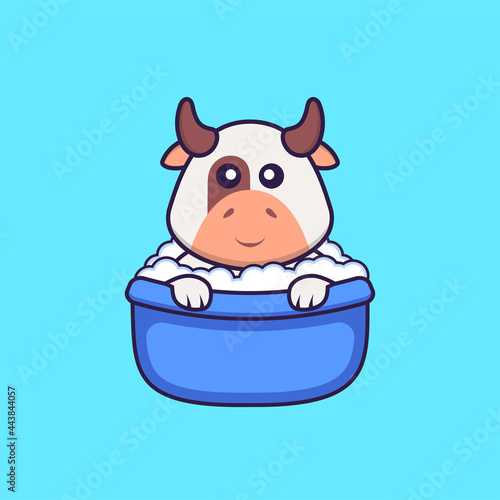 Cute cow taking a bath in the bathtub. Animal cartoon concept isolated. Can used for t-shirt, greeting card, invitation card or mascot. Flat Cartoon Style