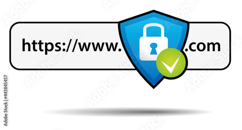 Secure website. Naviation bar with blue shield and green check mark. Vector icon.