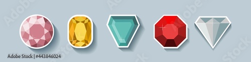 Gemstones of various cuts and colors. Illustration in flat style.