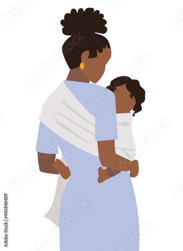 Illustration of beautiful young mother carrying her baby in a sling