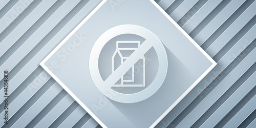 Paper cut No pack of milk icon isolated Paper cut background. Not allow milk. Allergy concept, lactose intolerance allergy warning sign. Paper art style. Vector
