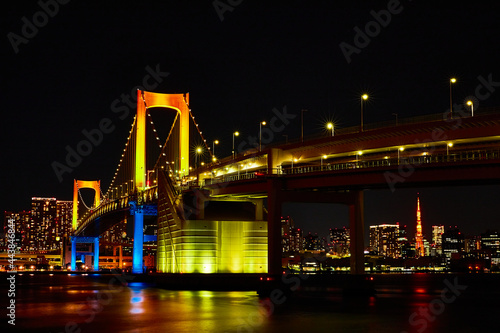 colorful bridge with xmas rainbow lights on