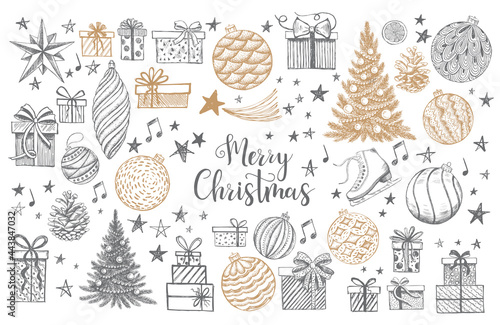 Christmas and New Year set. Hand drawn illustration. Vector.	
