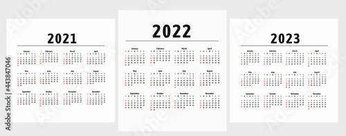 Calendar 20212022 2023 years. Vector. Week starts on Sunday. 