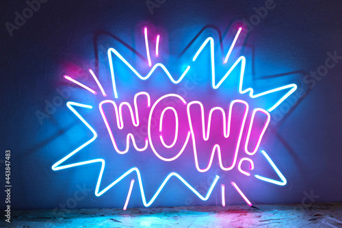 Obraz na plátně Pink and blue neon sign wow