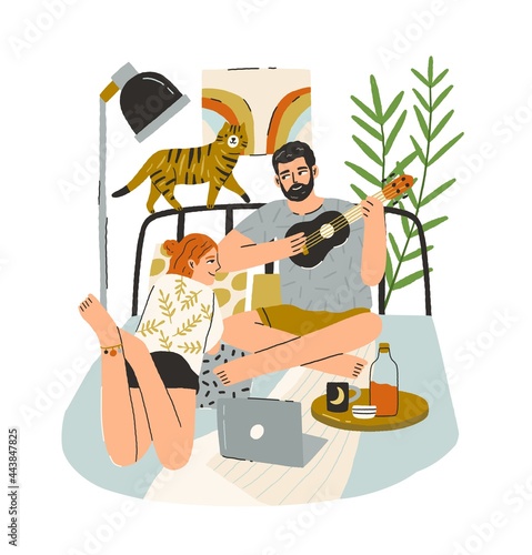 Love couple of happy man and woman spending time at home, playing music on ukulele and singing romantic songs. Male and female enjoying leisure indoors. Flat vector illustration isolated on white