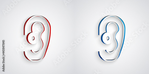 Paper cut Hearing aid icon isolated on grey background. Hearing and ear. Paper art style. Vector