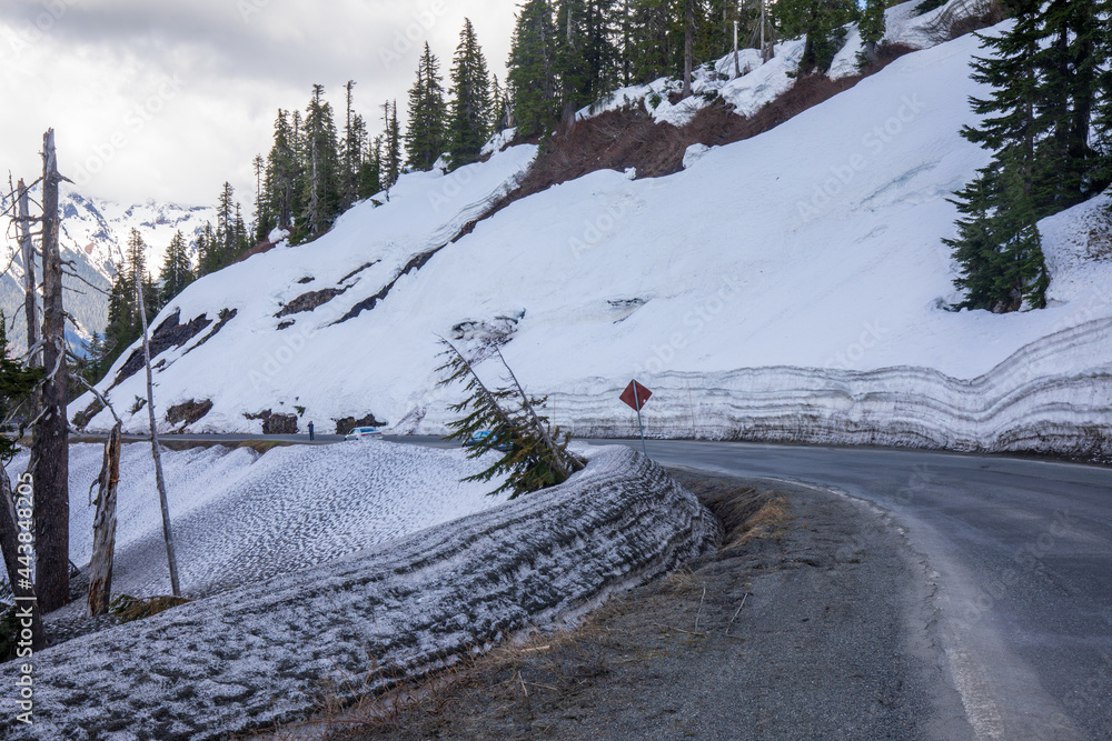 Mt Baker Hwy by a cliff with snow in Washington state during Spring.