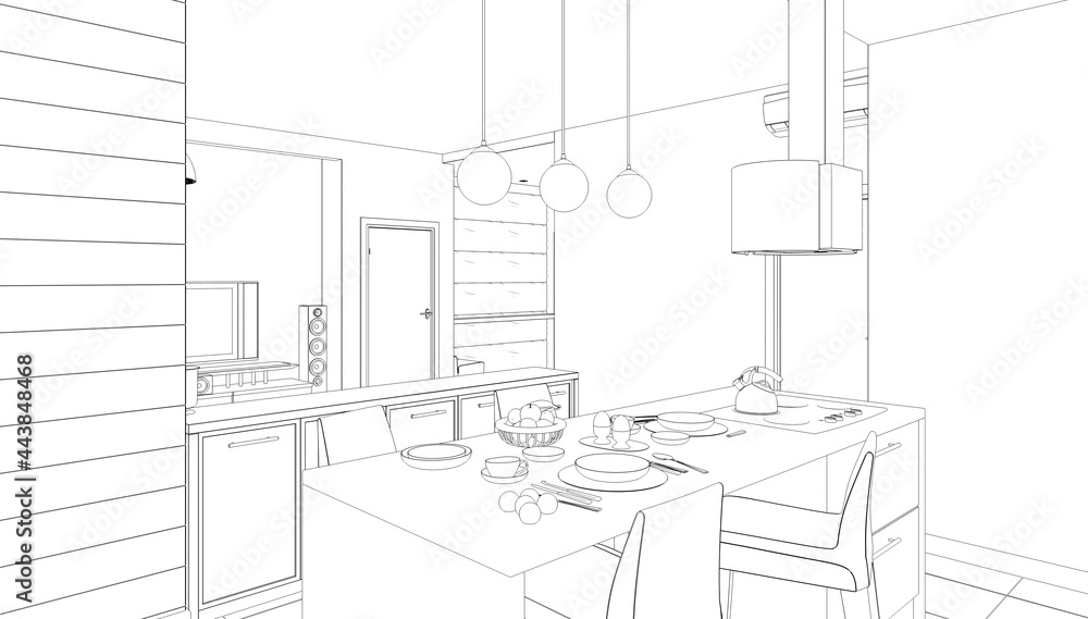interior outline illustration, 3d sketch interior outline illustration, 3d sketch