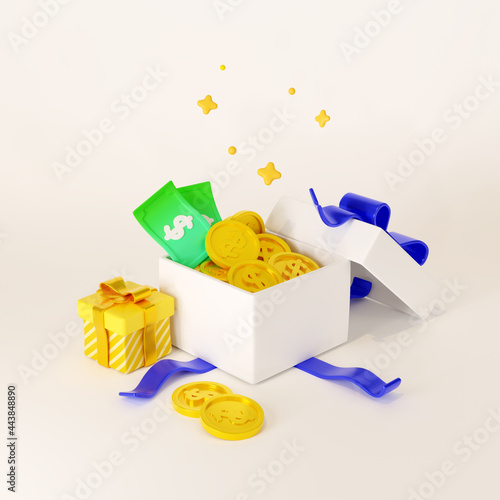 A gift box full of coins. Loyalty program, cash rewards, cashback. 3d render