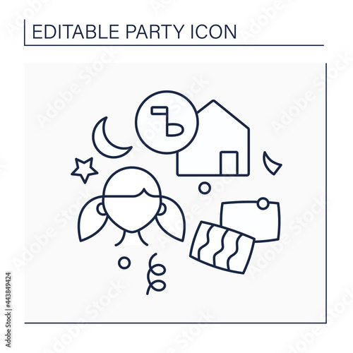 Slumber party line icon. Girl teenagers party. Overnight celebration with girlfriends.Playing games, pillows fight, film watch. Celebrating concept. Isolated vector illustration. Editable stroke