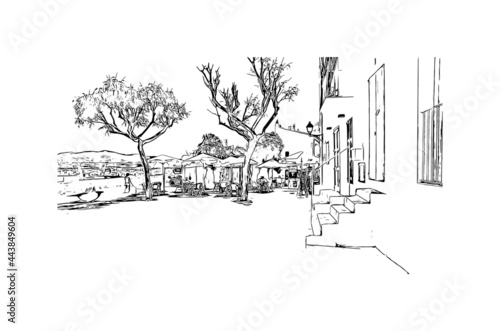 Building view with landmark of Ibiza town is the capital of Ibiza. Hand drawn sketch illustration in vector.
