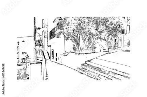 Building view with landmark of Ibiza town is the capital of Ibiza. Hand drawn sketch illustration in vector.