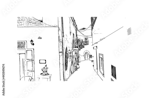 Building view with landmark of Ibiza town is the capital of Ibiza. Hand drawn sketch illustration in vector.
