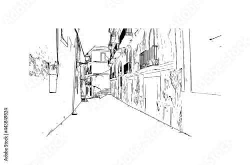Building view with landmark of Ibiza town is the capital of Ibiza. Hand drawn sketch illustration in vector.