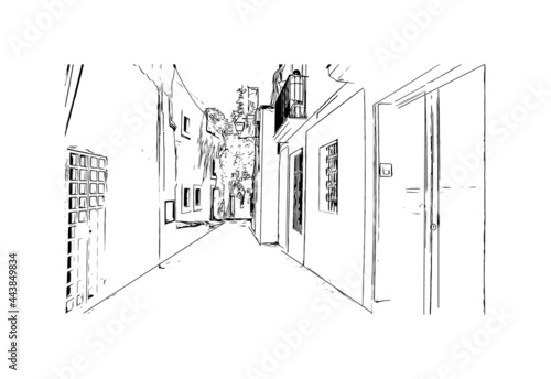 Building view with landmark of Ibiza town is the capital of Ibiza. Hand drawn sketch illustration in vector.