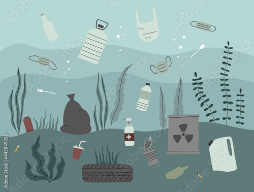 Hand drawn color vector illustration of the water polluted with household trash and Coronavirus covid-19 waste. Environmental pollution. Stop plastic. Ecological problem