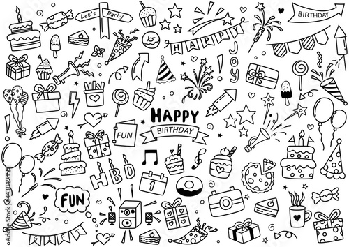 Set of Happy Birthday doodle elements isolated on white background. Vector illustration