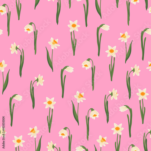 Vector seamless pattern of yellow daffodils or Narcissus. Hand drawn Botanical background. Early Spring potted garden flower blooming bulbous plant with root. Floral texture in flat style