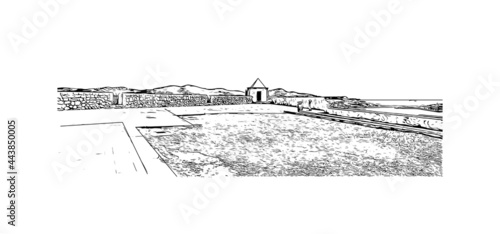 Building view with landmark of Ibiza town is the capital of Ibiza. Hand drawn sketch illustration in vector.
