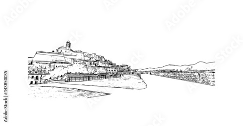 Building view with landmark of Ibiza town is the capital of Ibiza. Hand drawn sketch illustration in vector.