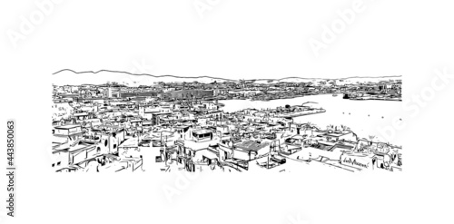 Building view with landmark of Ibiza town is the capital of Ibiza. Hand drawn sketch illustration in vector.