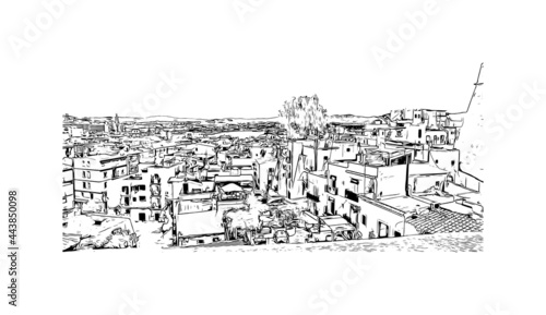 Building view with landmark of Ibiza town is the capital of Ibiza. Hand drawn sketch illustration in vector.