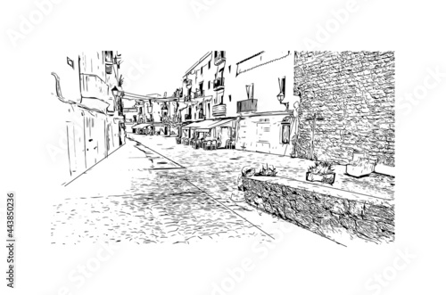 Building view with landmark of Ibiza town is the capital of Ibiza. Hand drawn sketch illustration in vector.