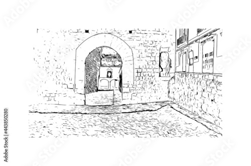 Building view with landmark of Ibiza town is the capital of Ibiza. Hand drawn sketch illustration in vector.