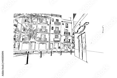 Building view with landmark of Ibiza town is the capital of Ibiza. Hand drawn sketch illustration in vector.