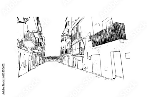 Building view with landmark of Ibiza town is the capital of Ibiza. Hand drawn sketch illustration in vector.