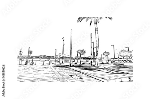 Building view with landmark of Ibiza town is the capital of Ibiza. Hand drawn sketch illustration in vector.