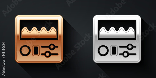 Gold and silver Drum machine icon isolated on black background. Musical equipment. Long shadow style. Vector
